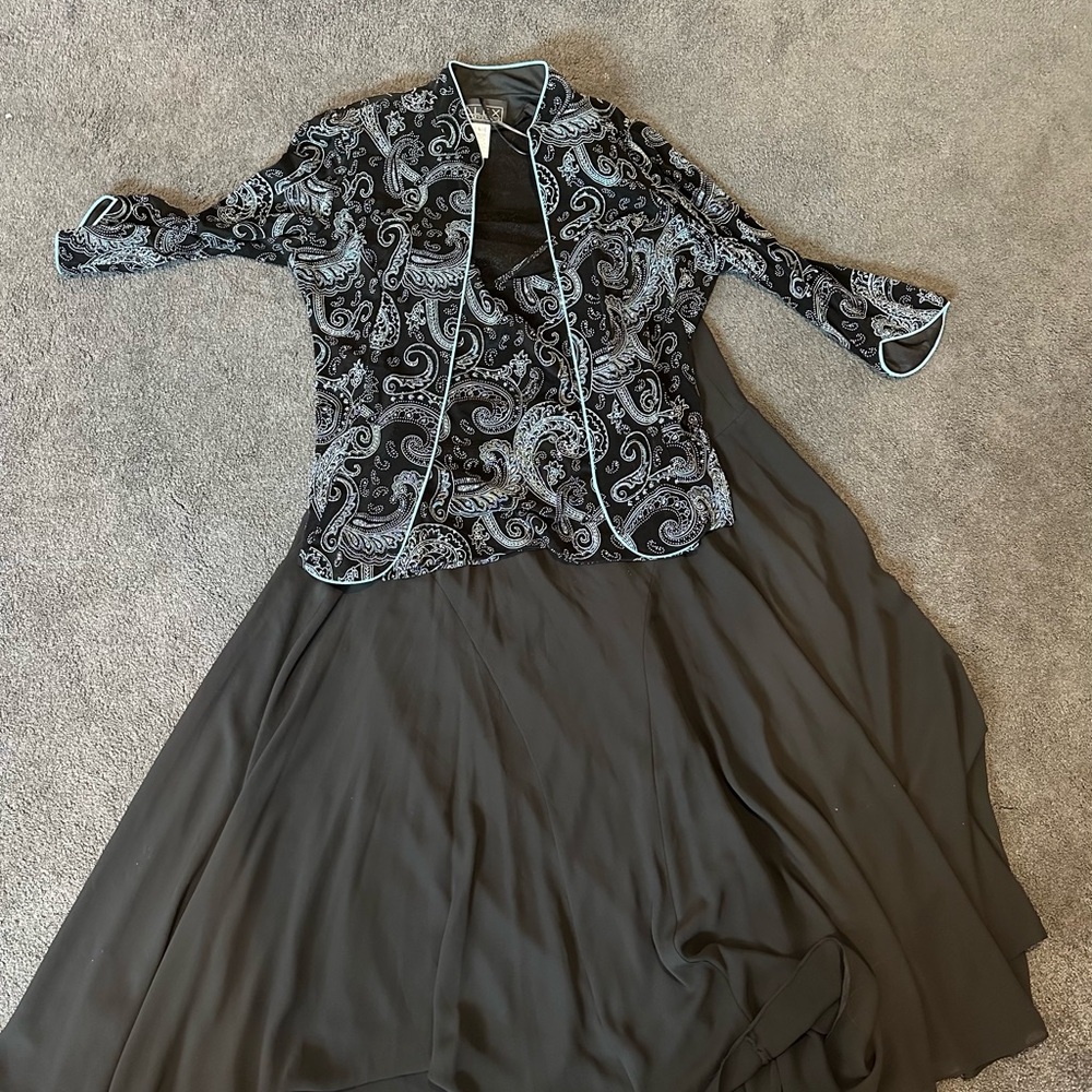 Formal Black and White Paisley Blazer and Cami with Flowy Black Skirt